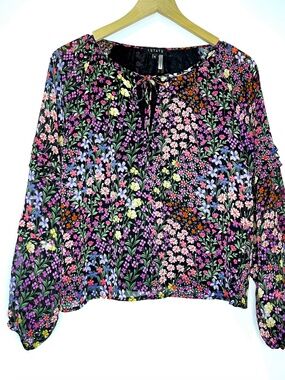 1.State Ditsy Patches Sheer V-Neck Floral Peasant Blouse
